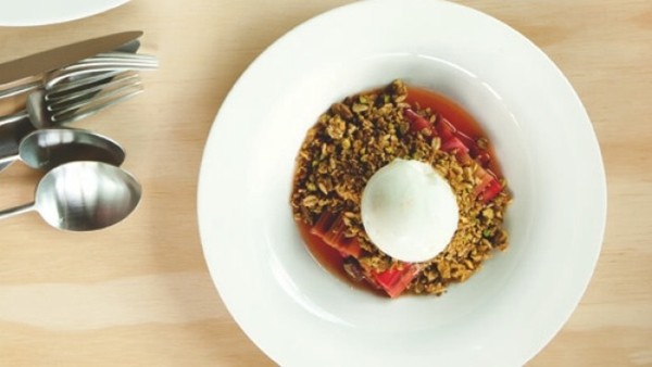 Poached rhubarb, pistachio crumble and orange gelato