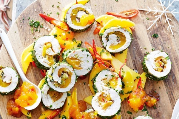 Poached rolled chicken with mango & chilli chutney
