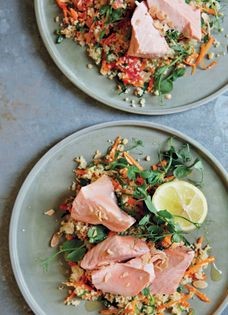Poached salmon, almond and grapefruit couscous