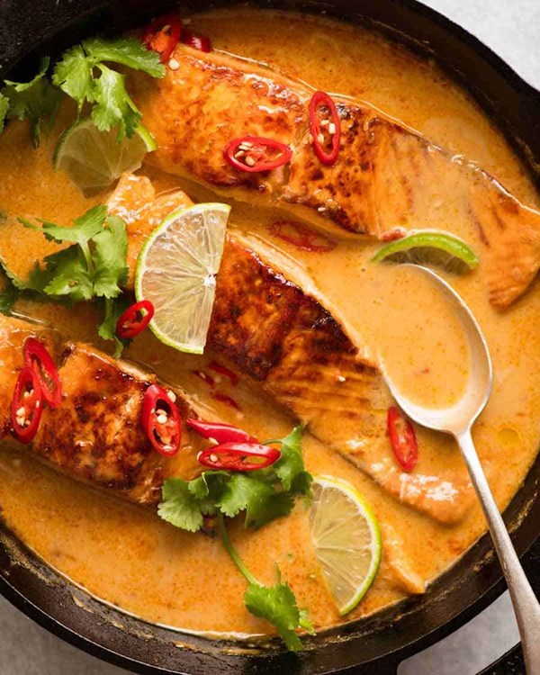 Poached salmon in coconut lime sauce