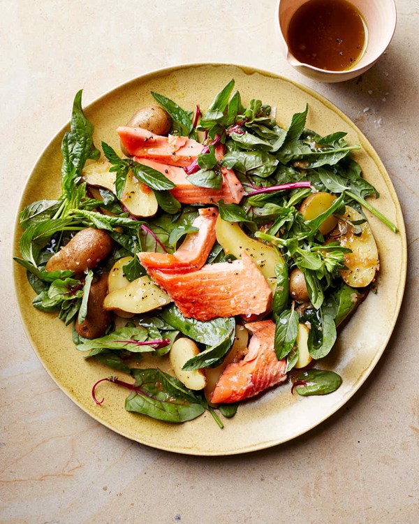 Poached salmon, spinach, and potato salad