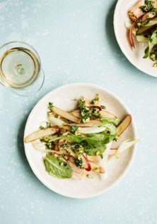Poached salmon w/ rhubarb salad + pine nut relish