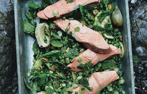 Poached salmon with artichoke confit