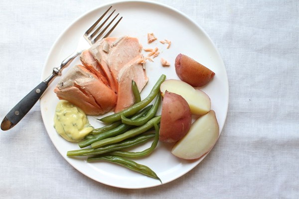 Poached salmon with beans + basil mayonnaise