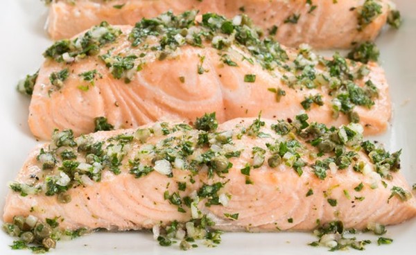 Poached salmon with caper relish