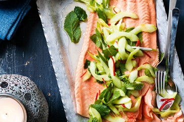 Poached salmon with cucumber salad