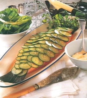 Poached salmon with cucumber scales