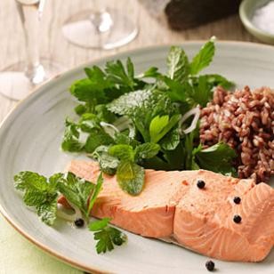 Poached salmon with fresh herb salad