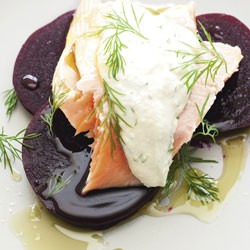 Poached salmon with pickled beetroot and dill and horseradish romesco