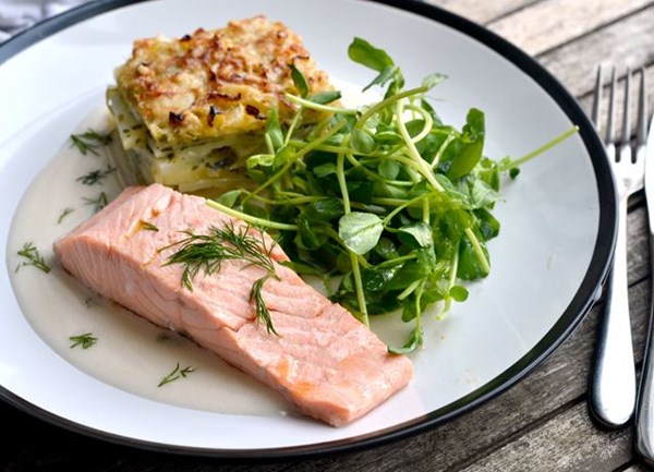 Poached salmon with potato, leek and watercress Dauphinoise