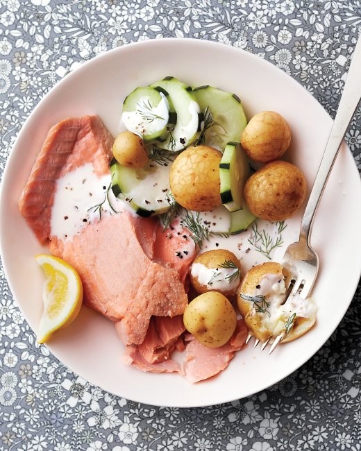 Poached salmon with potatoes, cucumber, and buttermilk-dill dressing