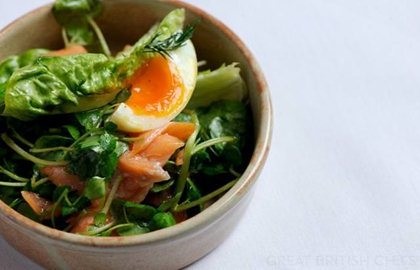 Poached salmon with watercress