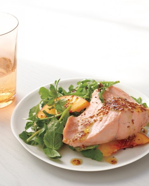 Poached salmon with watercress and peaches