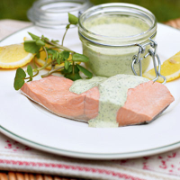 Poached salmon with watercress mayonnaise
