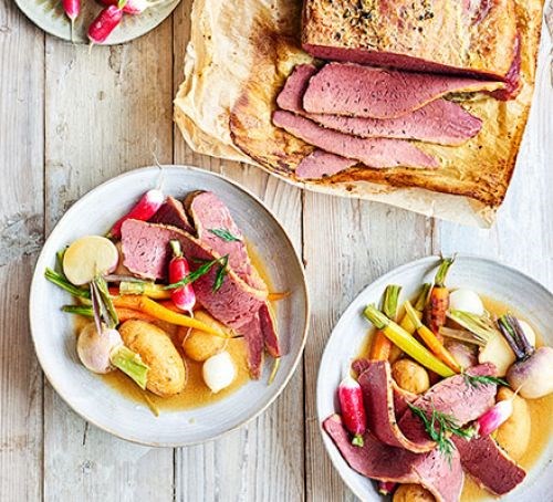 Poached salt beef & new-season roots