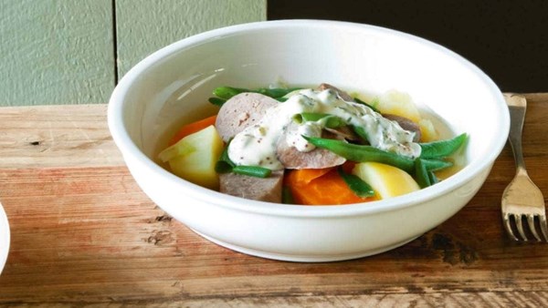 Poached sausage and vegetables with mustard aïoli