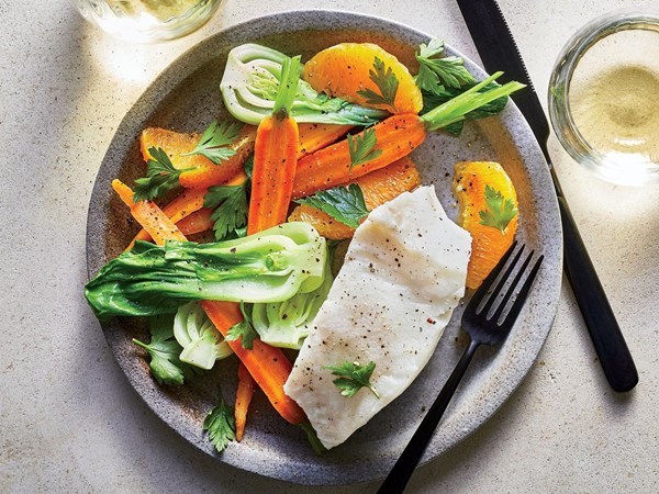 Poached sea bass with gingery veggies