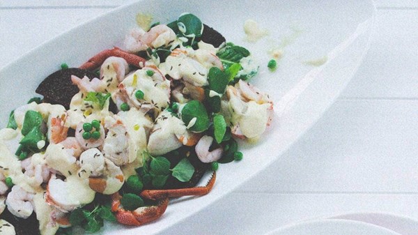 Poached seafood with cos salad and mustard cream sauce