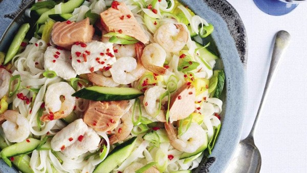 Poached seafood with rice noodle salad