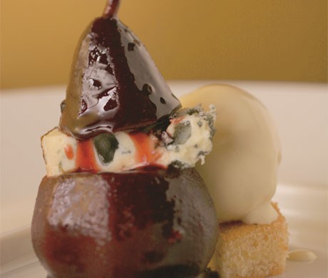 Poached Seckel pear with pomegranate, Cabrales cheese, and Szechuan pepper ice cream