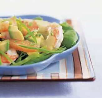 Poached shrimp salad with avocado, orange, and arugula