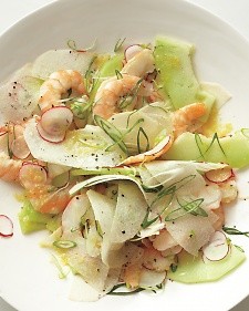 Poached shrimp with honeydew, radishes, jicama, and scallions