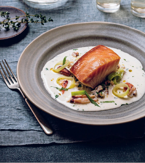 Poached smoked sablefish with tarragon butter crab