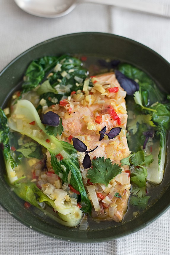 Poached Thai salmon with pak choi