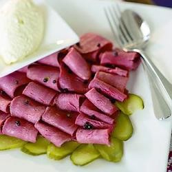 Poached tongue & dill cucumbers with horseradish cream