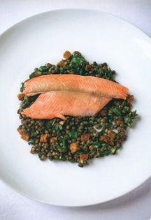 Poached trout with lentil salad