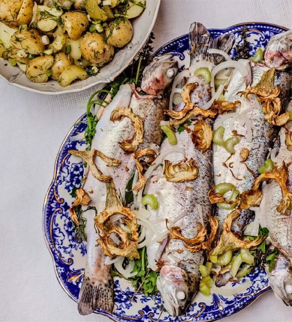 Poached trout with warm potato salad