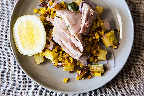 Poached tuna with warm squash, corn, and potato salad