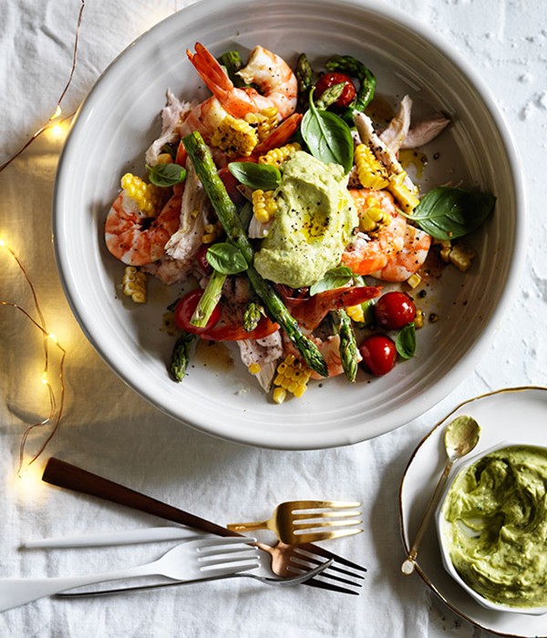 Poached turkey and prawn salad with avocado dressing