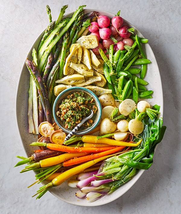Poached veggies with walnut relish