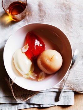 Poached white peaches with rose jelly and vanilla cream