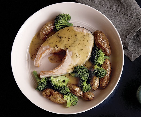 Poached wild salmon steaks with citrus beurre blanc
