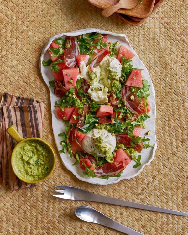 Poaka coppa, watermelon, burrata & pistachio pesto