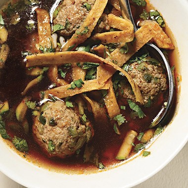 Poblano albóndigas with ancho chile soup