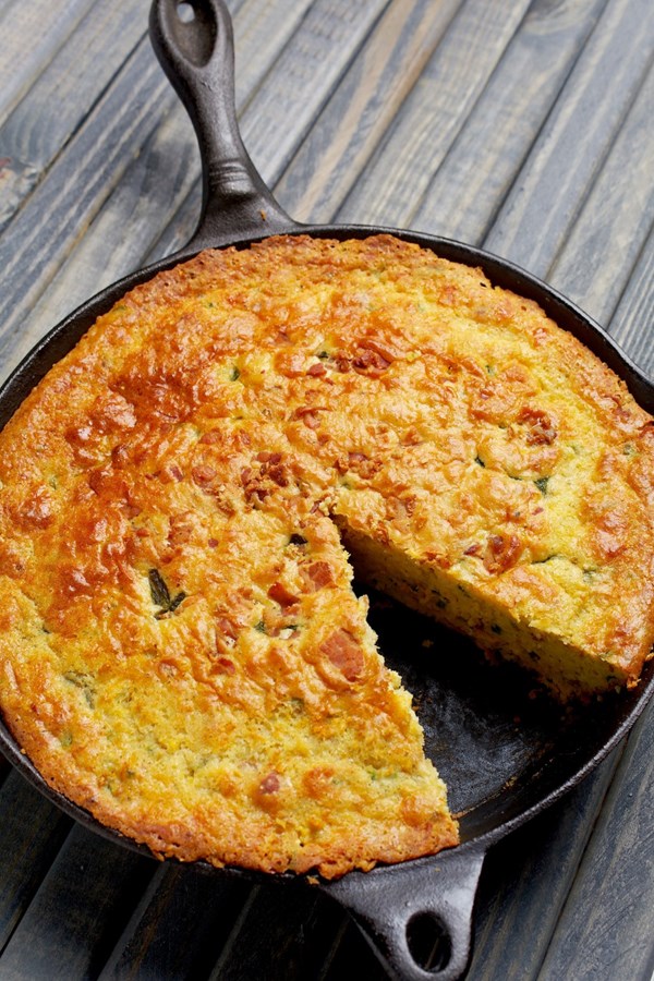 Poblano, bacon and cheddar skillet corn bread