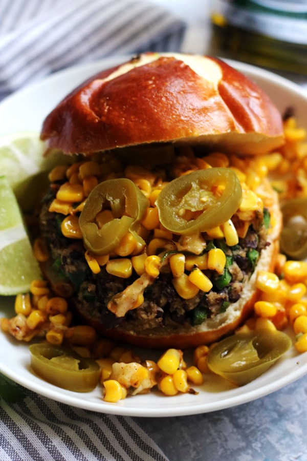 Poblano black bean veggie burgers with elote salsa