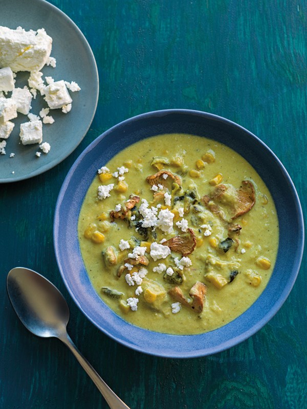 Poblano chile soup with corn & mushrooms