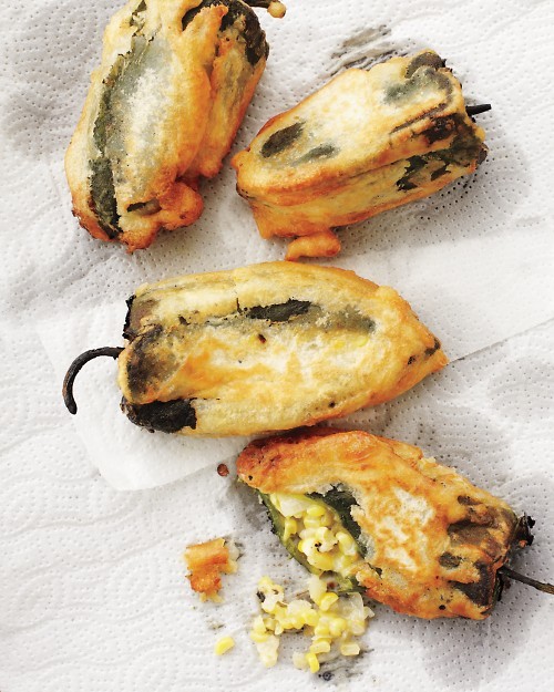 Poblano chiles stuffed with corn and Monterey Jack cheese