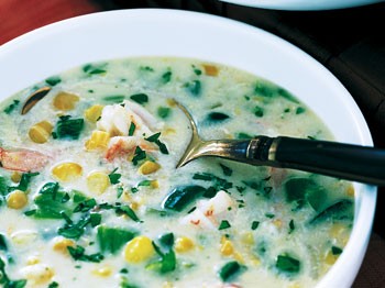 Poblano corn chowder with shrimp