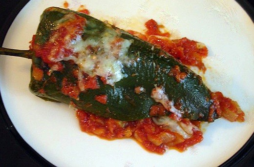 Poblano peppers stuffed with chicken, zucchini and spinach