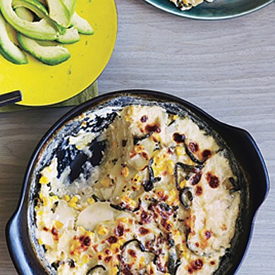 Poblano, potato, and corn gratin