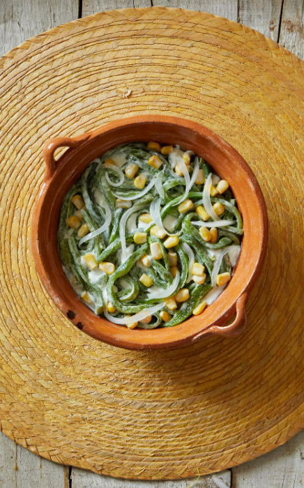 Poblano strips and corn kernels with cream (Rajas con crema y granos de elote)