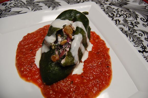 Poblanos stuffed with goat cheese and greens