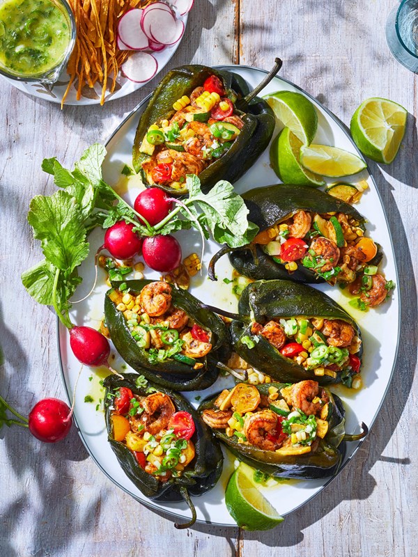 Poblanos with late-summer vegetables and shrimp