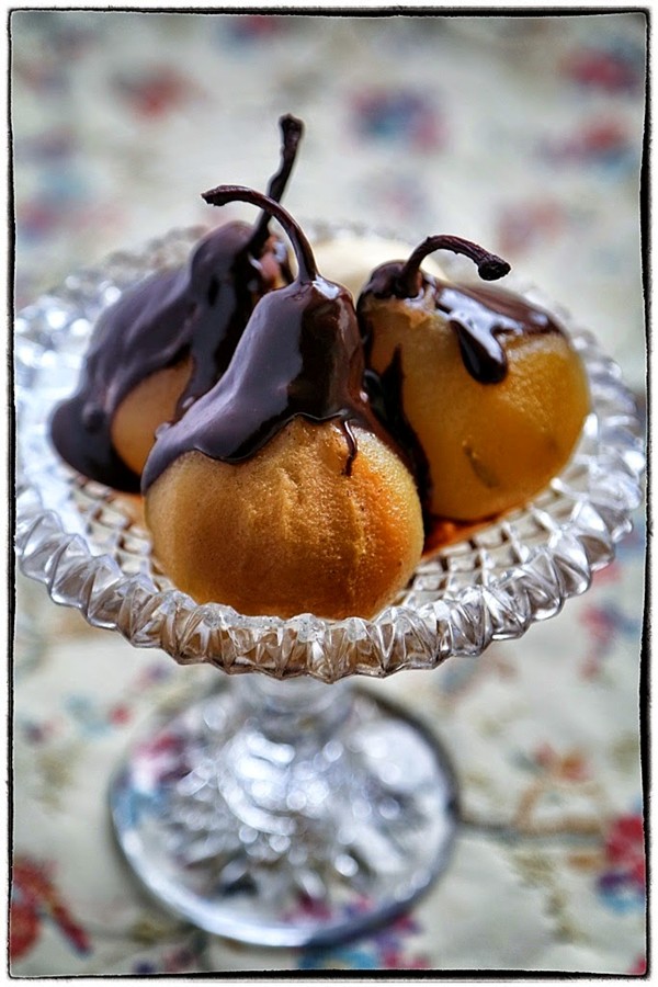 Poires belle Helene with vanilla and creme fraiche ice cream