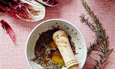 Polenta & barbecued radicchio with anchovy & rosemary sauce